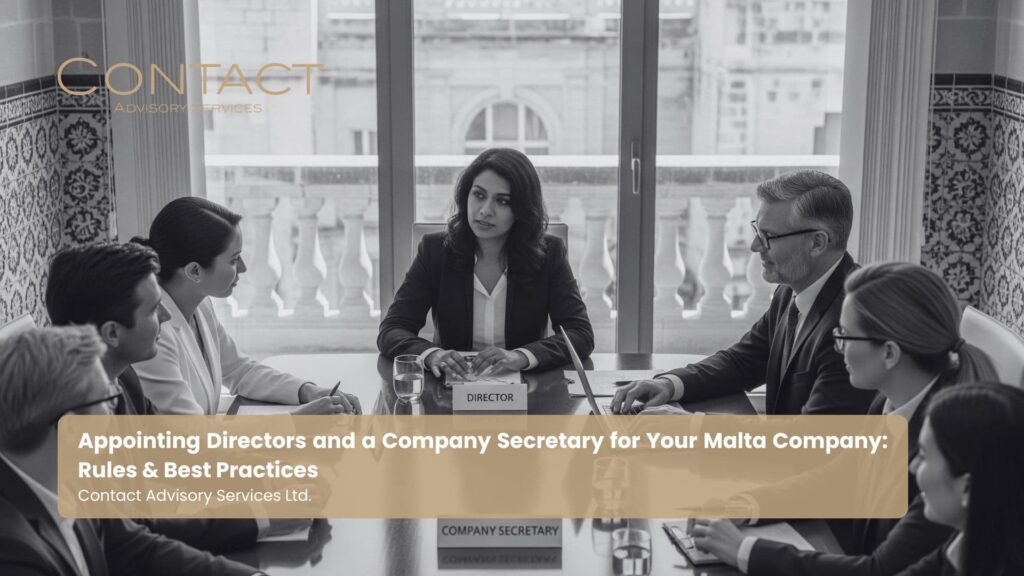 Diverse business professionals around a boardroom table, with one clearly designated as "Director" and another as "Company Secretary," with Maltese architectural elements in the background