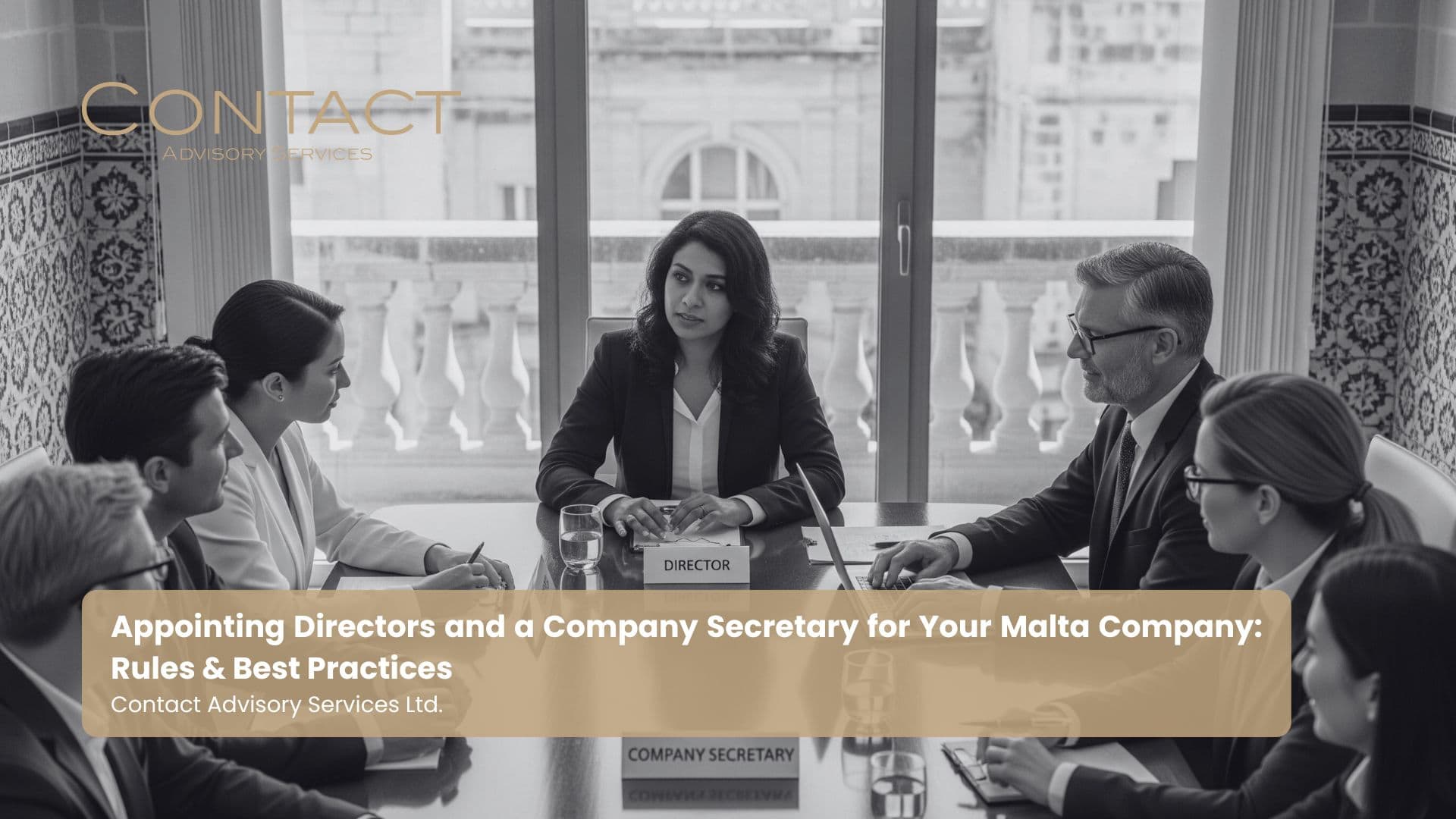 Diverse business professionals around a boardroom table, with one clearly designated as "Director" and another as "Company Secretary," with Maltese architectural elements in the background