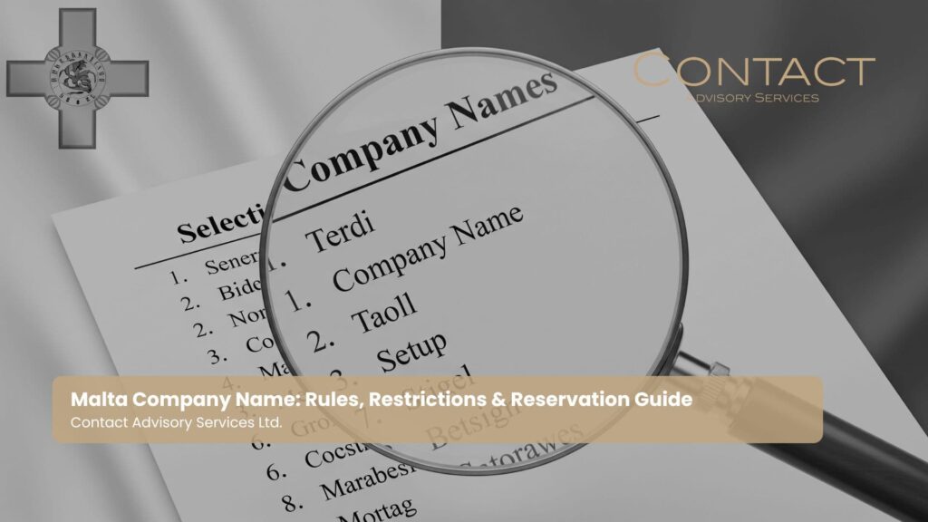 A magnifying glass focusing on a list of potential company names with a Maltese flag element, symbolizing the scrutiny and selection process