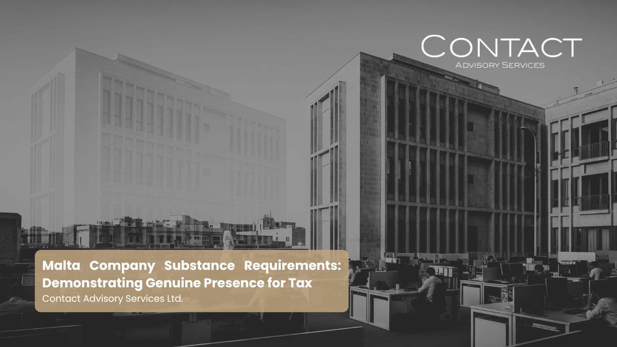 A solid, well-established office building in Malta with people actively working inside, contrasting with a faint, transparent "shell company" image, symbolizing genuine presence over mere incorporation.