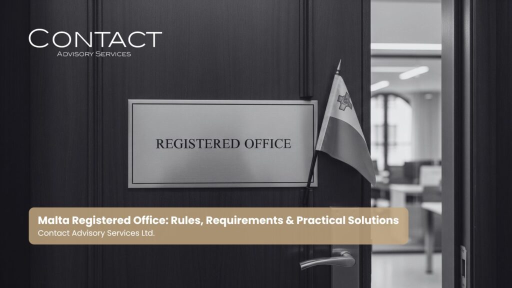 A formal office door with a brass plaque reading "Registered Office" and a Maltese flag, symbolizing the official address requirement