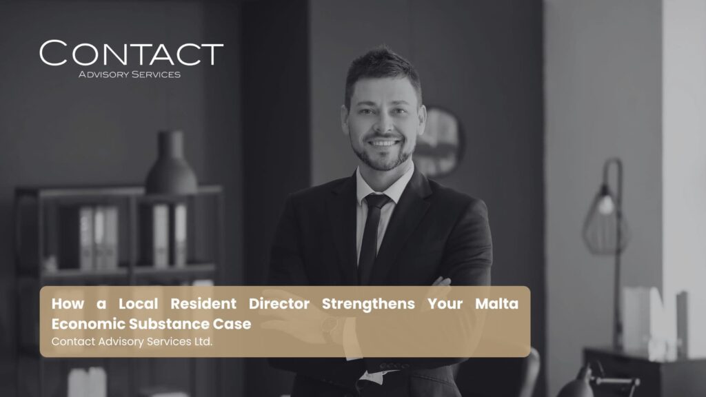 Smiling man in a suit standing in a modern office; branding reads 'Contact Advisory Services' in the top left with a beige overlay featuring an article title.