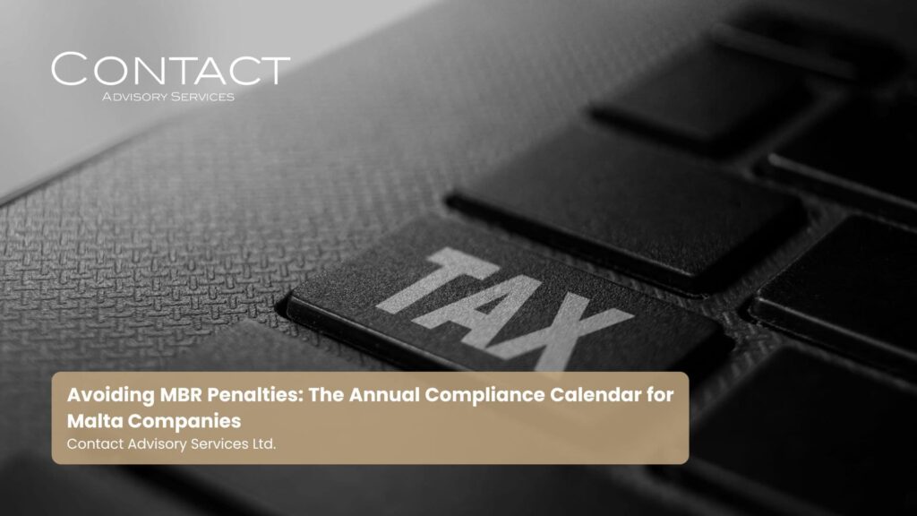 Hero image for a tax advisory article: close-up of a keyboard with a prominent TAX key and the article title overlay about avoiding MBR penalties for Malta companies.